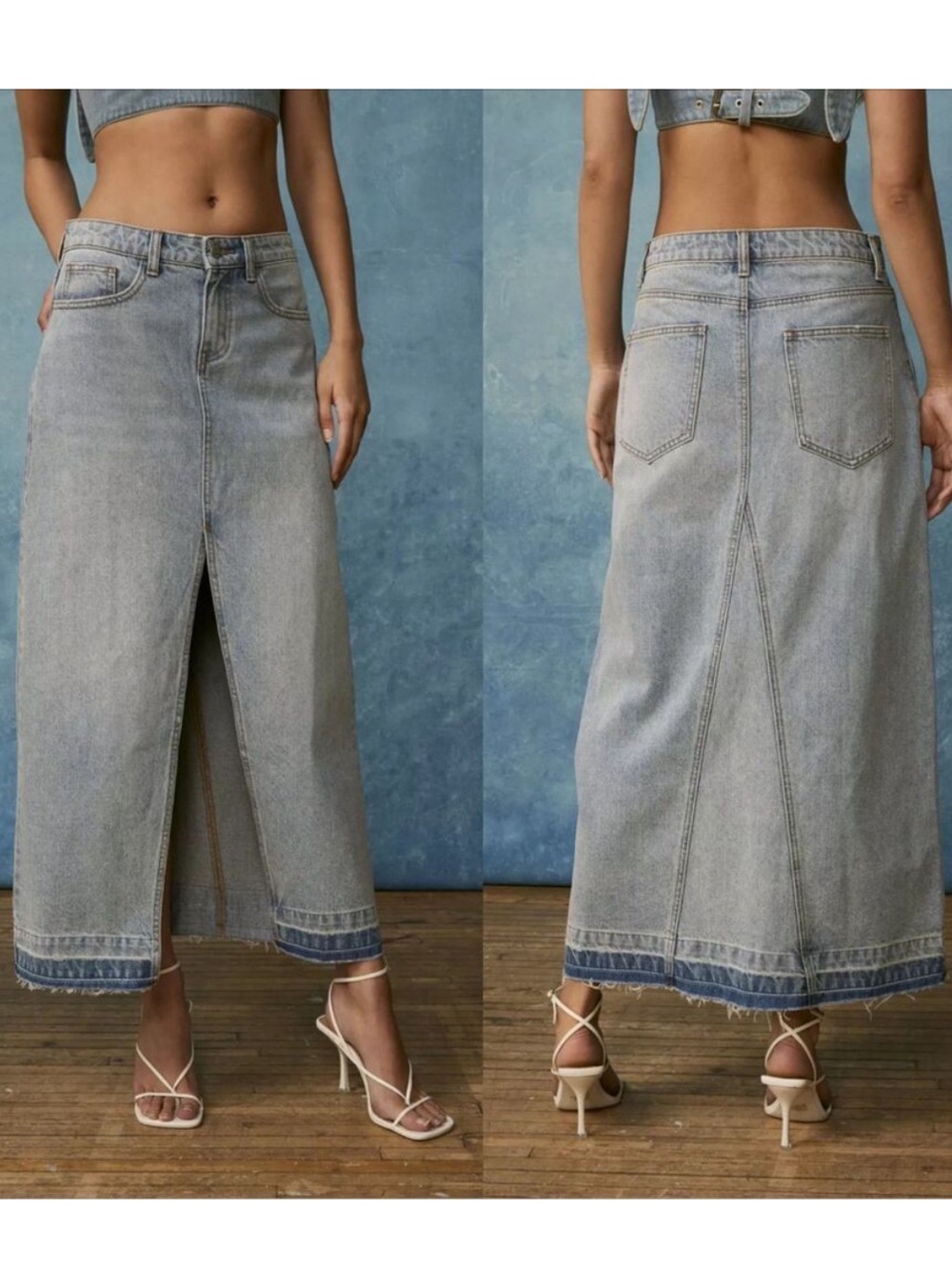 BDG NWT Urban Outfitters Mandi Denim Maxi Split Front Raw Hem Skirt SZ XS